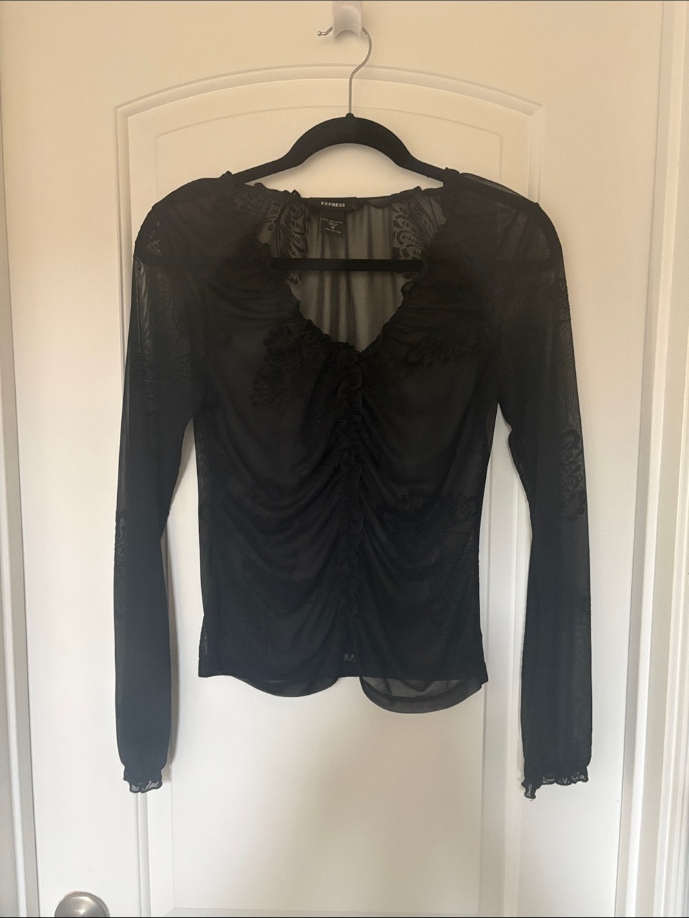 Express Black Sheer Long-Sleeve Ruched Detail Blouse